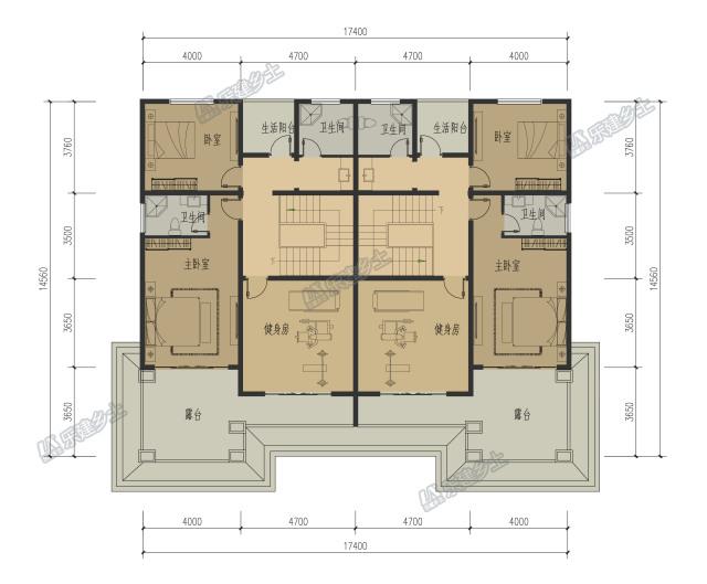 17x15米三層簡歐雙拼別墅，前后院布置滿足室外活動(dòng)需求