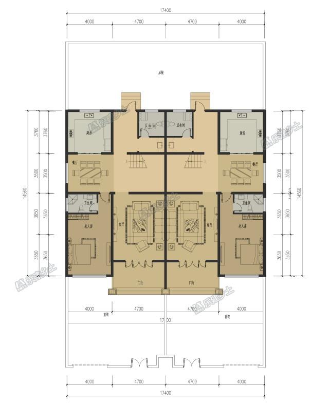 17x15米三層簡歐雙拼別墅，前后院布置滿足室外活動(dòng)需求