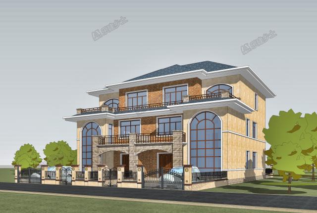 17x15米三層簡歐雙拼別墅，前后院布置滿足室外活動(dòng)需求