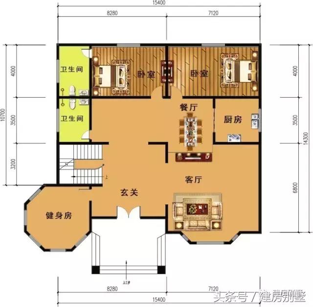 15.4×14.3米三層農(nóng)村別墅，帶健身房和娛樂室豪華別墅