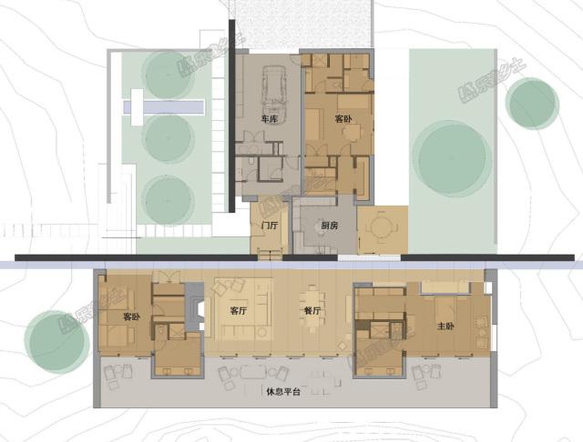 一層現(xiàn)代風格山間別墅，兩面混凝土墻壁打開整個建筑空間