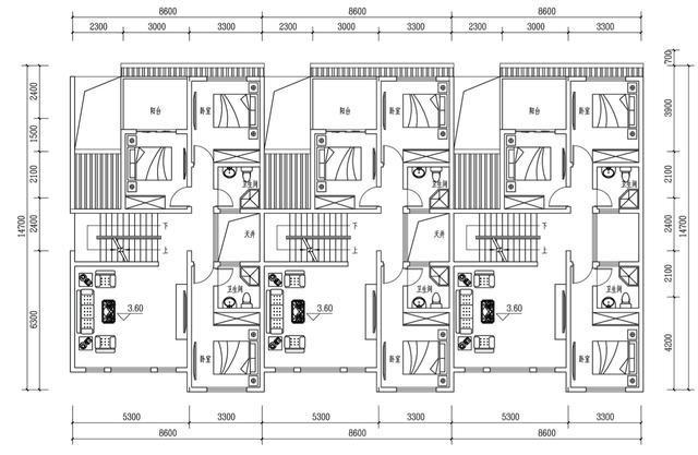 農(nóng)村別墅兄弟三拼戶型，廳堂車庫(kù)庭院露臺(tái)，采光超好含平面圖！
