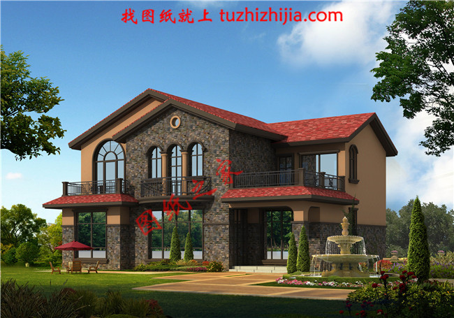 帶閣樓西班牙風(fēng)格農(nóng)村二層樓房設(shè)計(jì)圖及效果圖，實(shí)用美觀