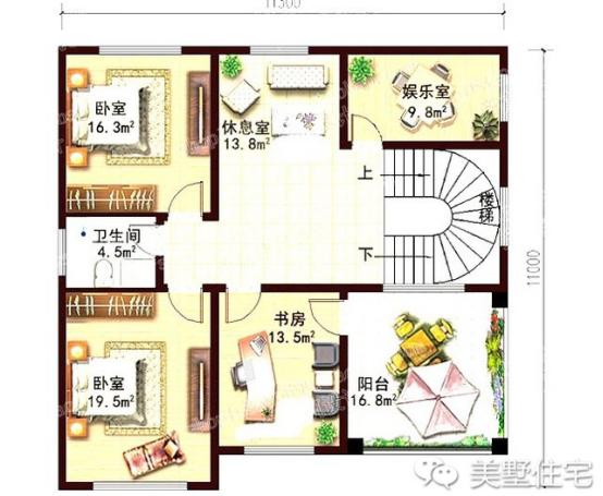 11x11米歐式三層小別墅戶型圖，3種外觀配色，各有千秋