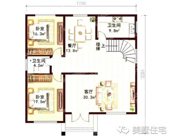 11x11米歐式三層小別墅戶型圖，3種外觀配色，各有千秋