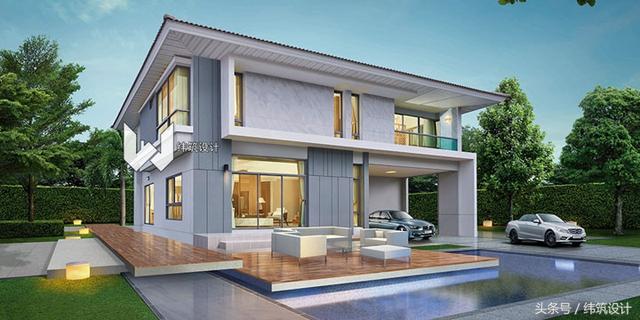 3款超現(xiàn)代的二層小別墅外觀圖，附戶型圖，都是開放式車庫