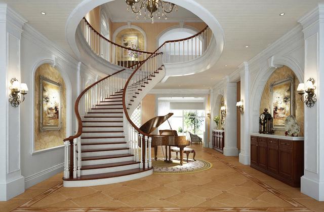 一進(jìn)屋被旋轉(zhuǎn)樓梯吸引了，鄭州330平別墅真是太美啦！