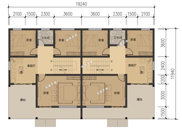 19.2x11.9米農(nóng)村二層簡(jiǎn)歐雙拼別墅，大露臺(tái)+車庫