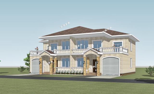 19.2x11.9米農(nóng)村二層簡(jiǎn)歐雙拼別墅，大露臺(tái)+車庫