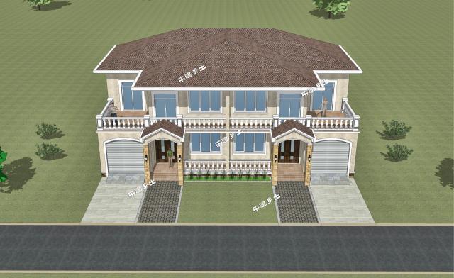 19.2x11.9米農(nóng)村二層簡(jiǎn)歐雙拼別墅，大露臺(tái)+車庫