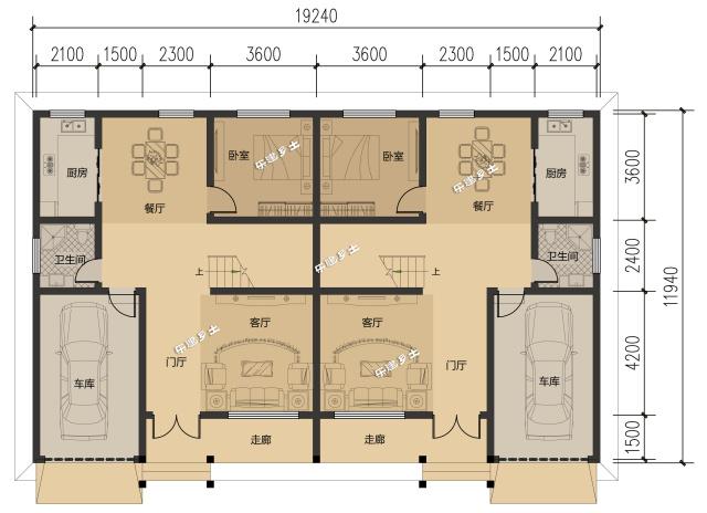 19.2x11.9米農(nóng)村二層簡(jiǎn)歐雙拼別墅，大露臺(tái)+車庫