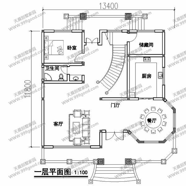 農(nóng)村別墅設(shè)計圖，13.4X11.8米挑空，剛陽美中的曲線美！