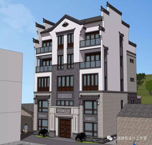 隱在山嶺川谷之中的徽式新民宅，雙大門高低層豪華休閑別墅