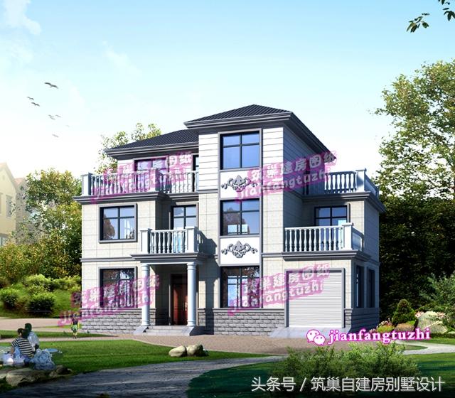 帶車庫磚混結(jié)構(gòu)三層農(nóng)村自建房別墅效果圖建筑圖，戶型簡約不簡單