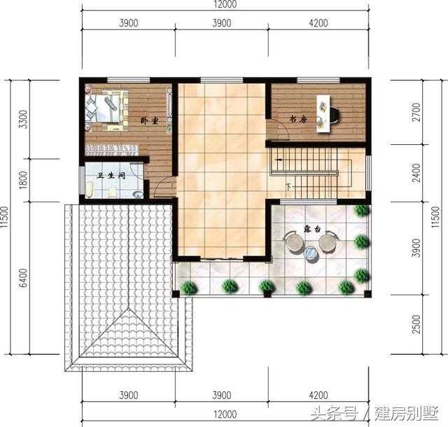 開間12，進深11.5兩層半別墅圖紙，有書房還有大露臺