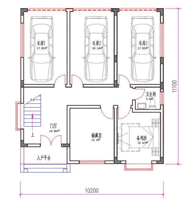 帶玻璃花房矮層車庫三層別墅圖紙10.2*11.1，功能齊全，主體造價(jià)30萬左右
