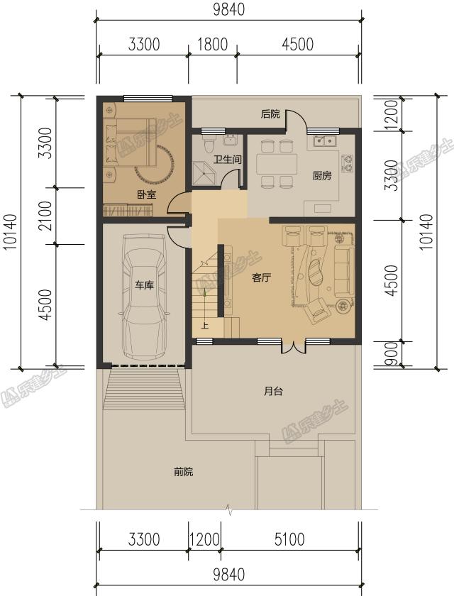 10米開間，客廳側布置一跑樓梯平面設計，五套方案供您選擇