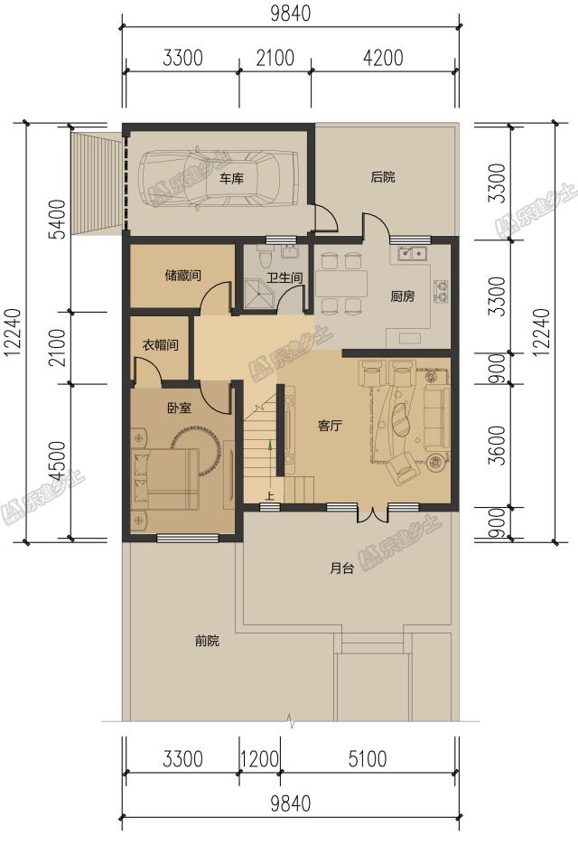 10米開間，客廳側布置一跑樓梯平面設計，五套方案供您選擇