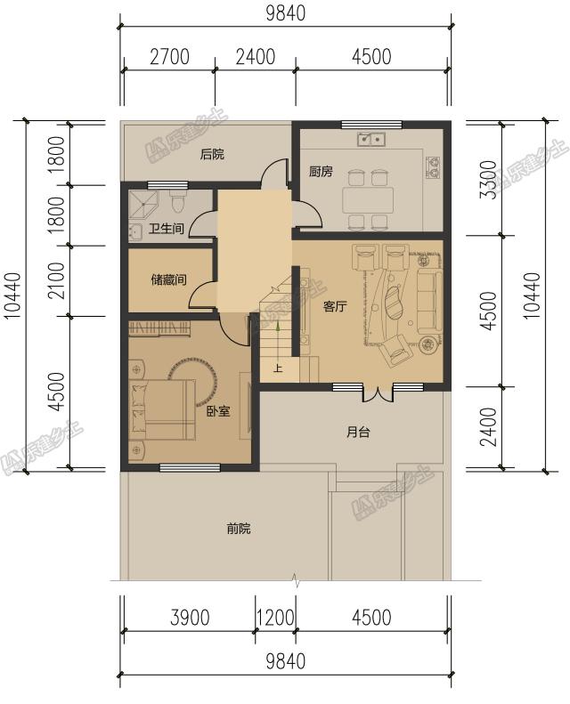 10米開間，客廳側布置一跑樓梯平面設計，五套方案供您選擇