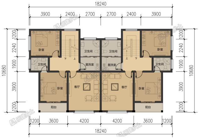 18x11米三層簡歐雙拼別墅，內(nèi)部完全對稱，外觀整體感強