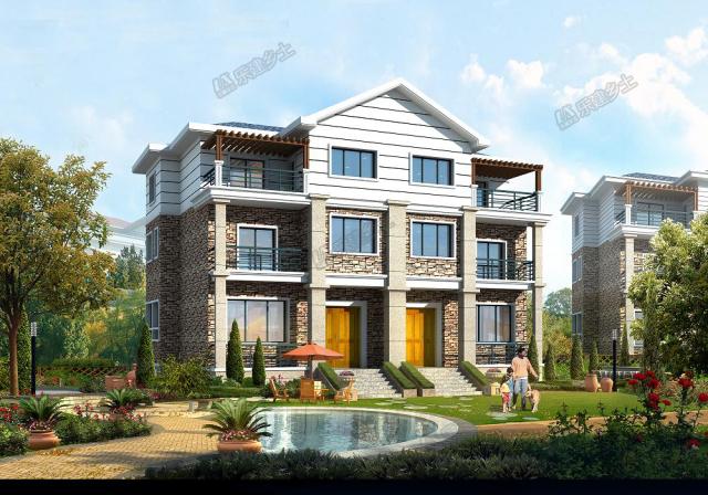 18x11米三層簡歐雙拼別墅，內(nèi)部完全對稱，外觀整體感強