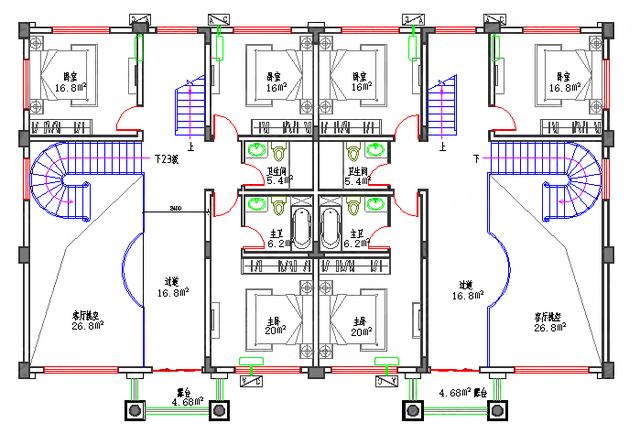 三層復(fù)式雙拼農(nóng)村別墅全套施工圖85萬22×13，單戶有2廳6室5衛(wèi)