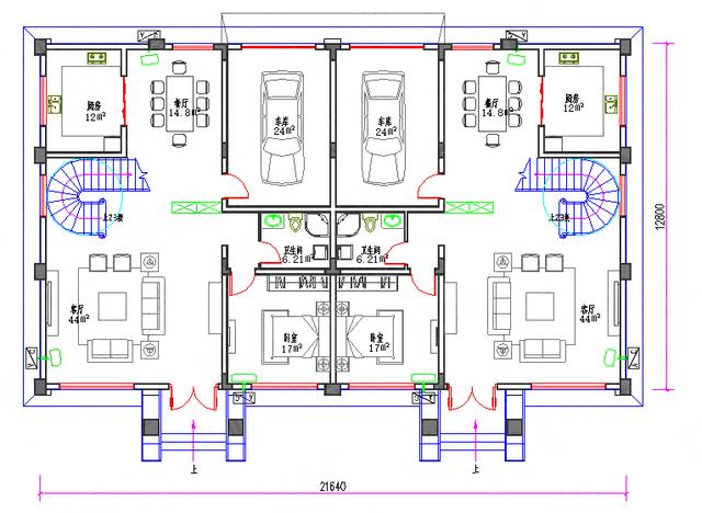 三層復(fù)式雙拼農(nóng)村別墅全套施工圖85萬22×13，單戶有2廳6室5衛(wèi)