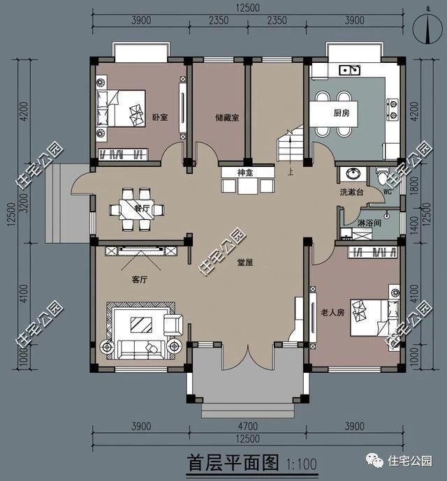 四層雙拼農(nóng)村別墅設(shè)計圖12.5x12.5米，內(nèi)設(shè)堂屋老人房影音室，外觀精致又大氣