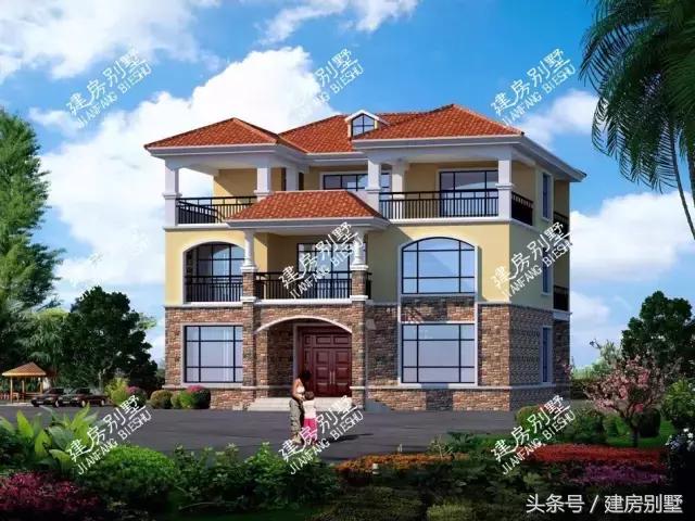 13.2×15.1米三層農(nóng)村別墅，真石漆搭配文化石，經(jīng)濟(jì)又美觀