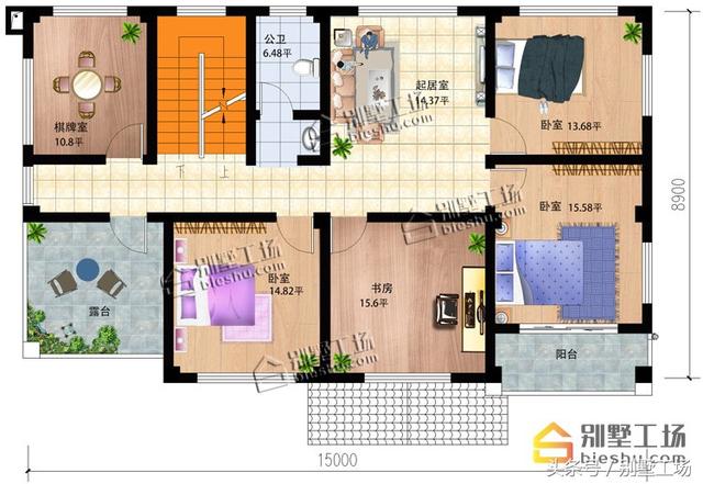 二層簡歐風格的別墅設計圖紙，15X8.9m大面寬小進深，功能齊全帶堂屋開放式餐廳