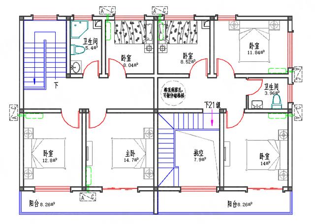 14×9磚混結(jié)構(gòu)二層雙拼農(nóng)村別墅圖，單戶有1廳4臥