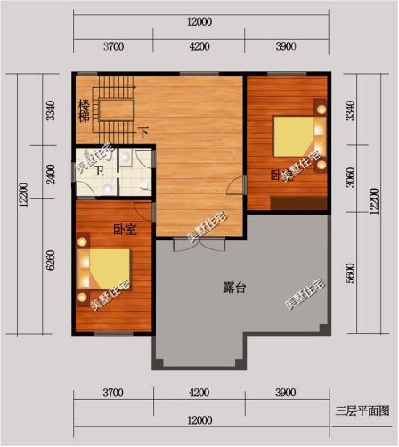 三層別墅圖，12x12米，6室2廳簡歐風(fēng)，方正的戶型和簡約的外觀。