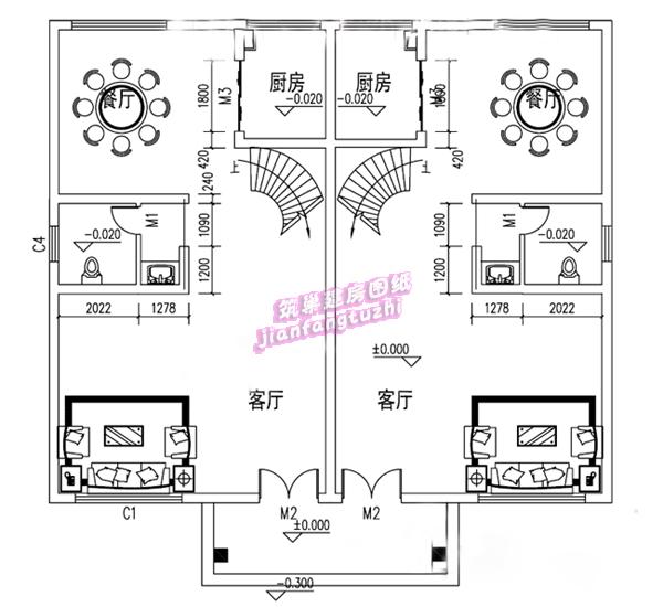 二層農(nóng)村雙拼別墅設(shè)計(jì)圖，14x12米，單戶90平米左右。