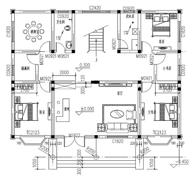 兄弟倆二層雙拼別墅設(shè)計圖紙，一層共用，設(shè)計新穎