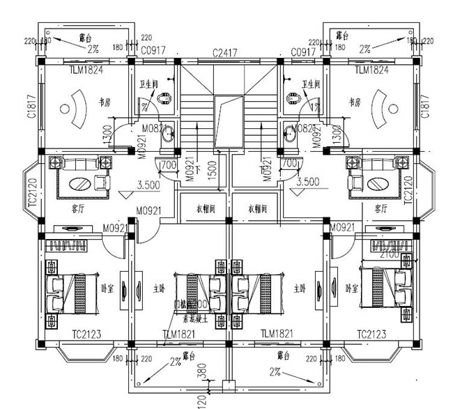 兄弟倆二層雙拼別墅設(shè)計圖紙，一層共用，設(shè)計新穎