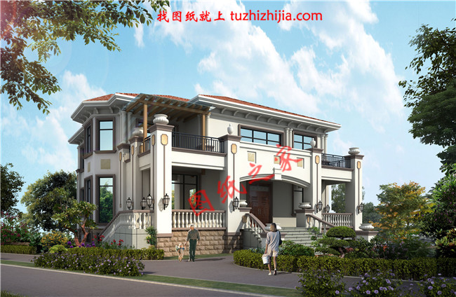 奢華歐式二層樓房設(shè)計(jì)圖，入戶設(shè)有玄關(guān)，一層大窗設(shè)計(jì)