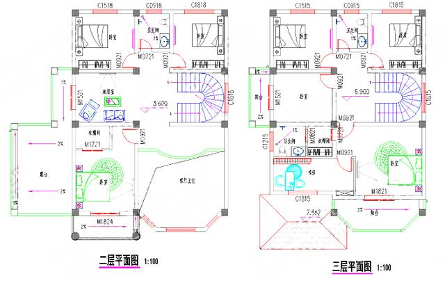 復(fù)式三層帶車庫豪華套間別墅設(shè)計(jì)圖，150㎡2廳8室。