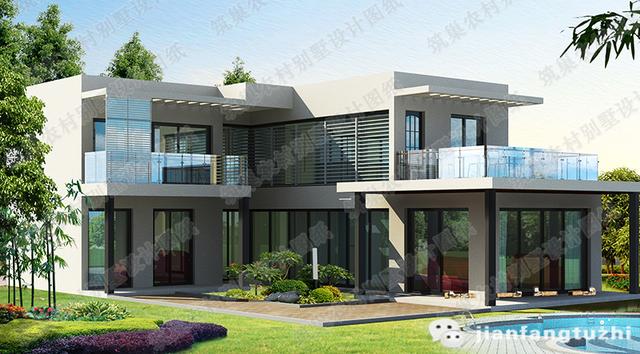 現(xiàn)代L型二層別墅設(shè)計(jì)圖，150㎡帶觀(guān)景走廊茶室豪華套房，設(shè)計(jì)新穎美觀(guān)。