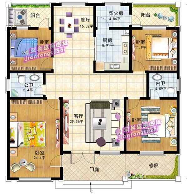 一層農(nóng)村別墅設(shè)計圖，2廳4臥，造價15萬，經(jīng)濟(jì)實用。