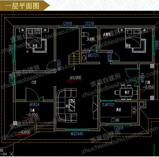 二層別墅設(shè)計(jì)圖，1廳5臥，造價(jià)30萬(wàn)，挑空客廳+套房。