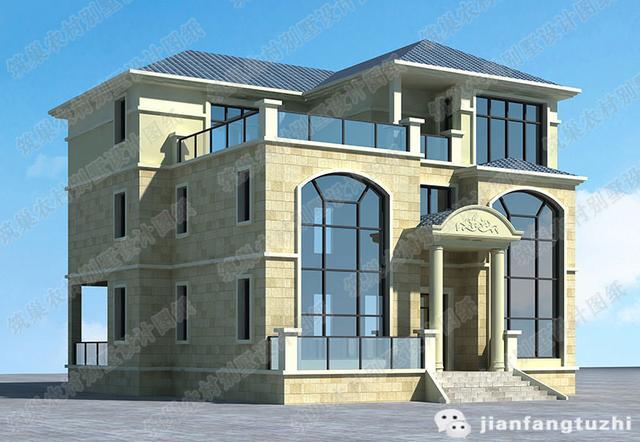 14×14米復(fù)式三層私家別墅設(shè)計圖，2廳4臥，帶奢華套房+雙落地窗，造價43萬