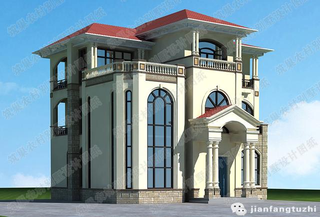 三層獨(dú)棟別墅設(shè)計(jì)圖，2廳8臥，地下車(chē)庫(kù)+挑空客廳+豪華主臥，造價(jià)42萬(wàn)