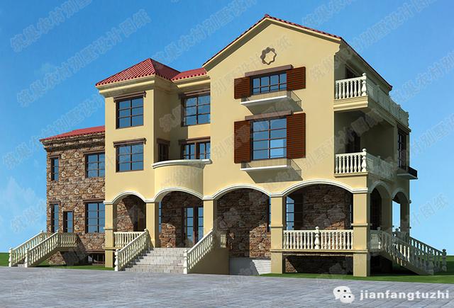 三層西班牙風(fēng)格別墅設(shè)計(jì)圖，3廳9臥帶地下車庫(kù)+套房，占地160㎡，造價(jià)60萬