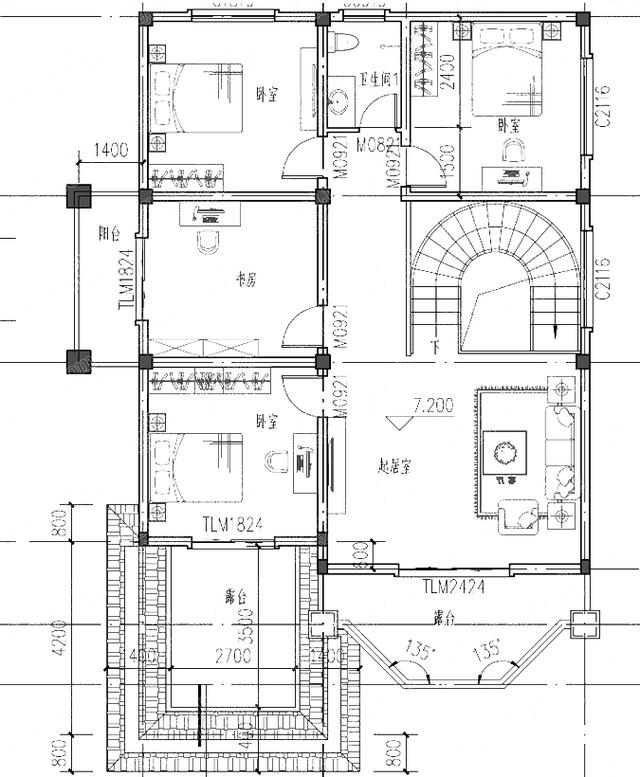 高貴大氣三層別墅設計圖，造價約40萬2廳7臥帶車庫+旋轉樓梯+挑空客廳+套間+落地窗