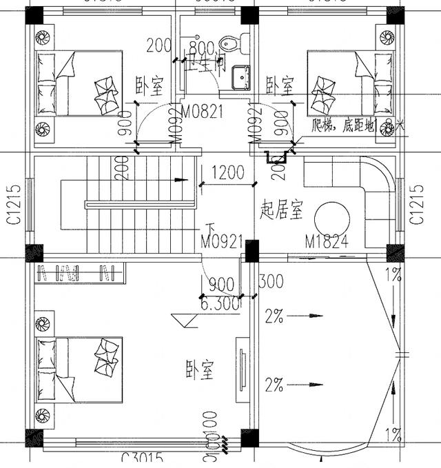 小戶型三層自建房設(shè)計(jì)圖，3廳7臥帶挑空客廳，色調(diào)協(xié)調(diào)，精致小巧