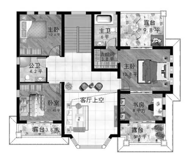 二層帶挑空客廳+豪華主臥農(nóng)村自建房設(shè)計圖，豪華大氣，造價20萬
