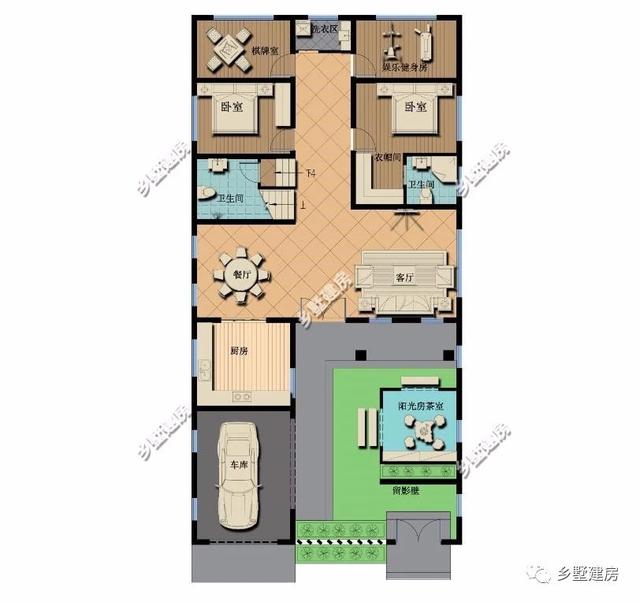 360平農(nóng)村四合院別墅設(shè)計圖，黛瓦白墻，簡約大方，還有陽光房+健身房