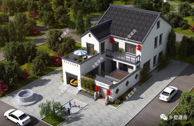 360平農(nóng)村四合院別墅設(shè)計圖，黛瓦白墻，簡約大方，還有陽光房+健身房