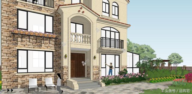 12X10三層西班牙風(fēng)格別墅圖，戶型方正、緊湊實用，有露臺有陽光房有院子，一家共享天倫~