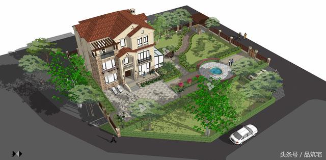 12X10三層西班牙風(fēng)格別墅圖，戶型方正、緊湊實用，有露臺有陽光房有院子，一家共享天倫~